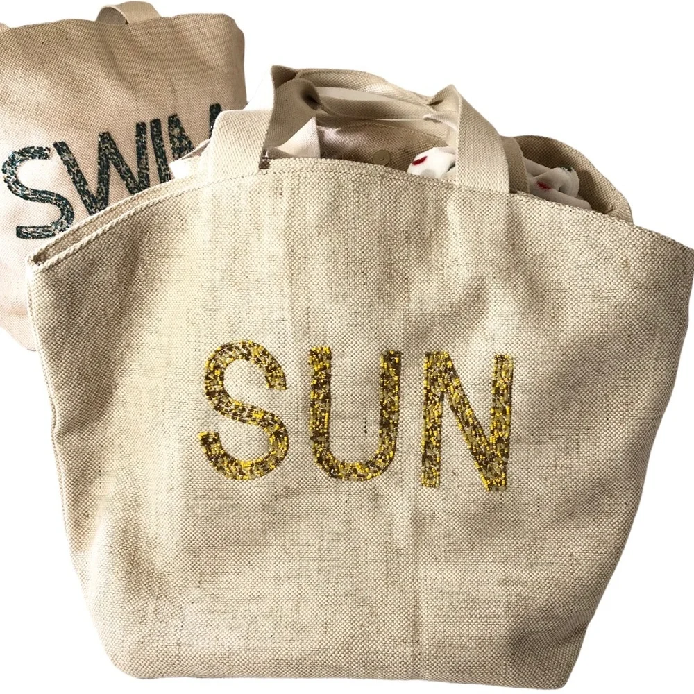 Beaded Jute Cotton Tote Bag Beach Pool Travel Resort Classic Natural Market SUN - Picture 1 of 7